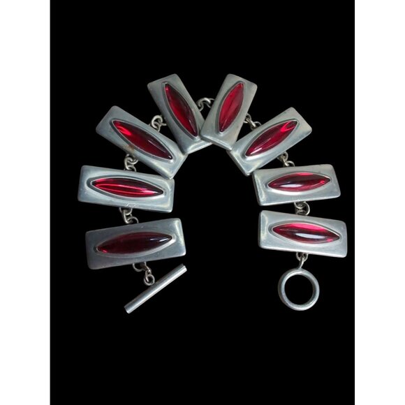 Vintage Jørgen Jensen Denmark Pewter Necklace & Bracelet Set 230B Red Glass Cabo - Picture 3 of 7
